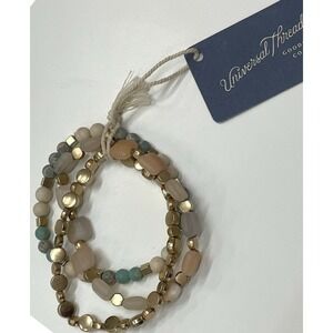 Universal Thread Genuine‎ Stone Beaded Stretch Bracelet Set 3pc Gold Green Pink
